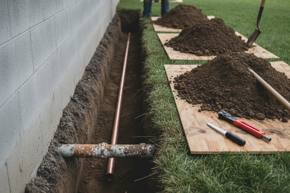Excavated water line trench during Sewer Line Repair in Hopedale